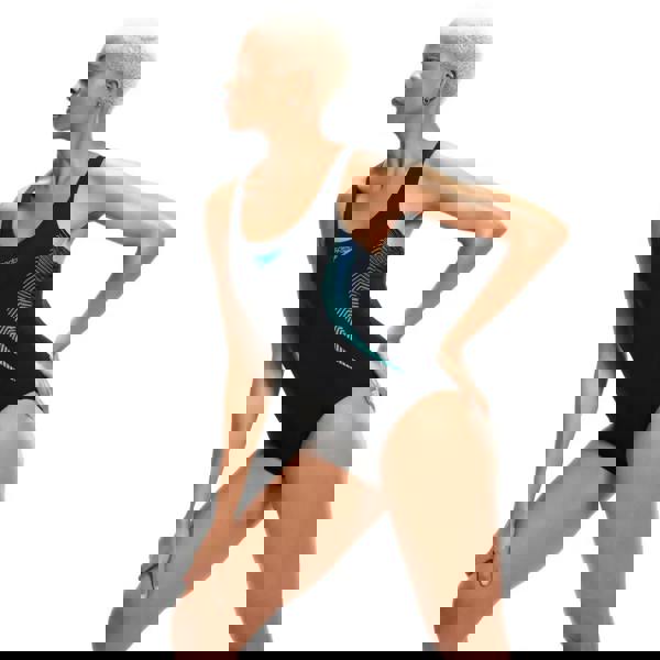 Black Speedo placement muscleback swimsuit with leaf pattern