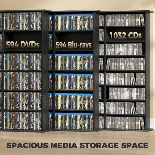 Bobobiy 1032 CD/594 DVD Storage Unit, Blu-ray Media Storage Shelf with 24 Compartments and 18 Adjustable Shelves, Black