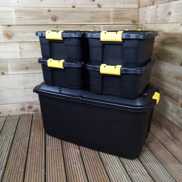 Samuel Alexander 1 x 145L AND 4 x 24L Heavy Duty Trunks 1 on Wheels Sturdy, Lockable, Stackable and Nestable Design Storage Chest with Clips in Black