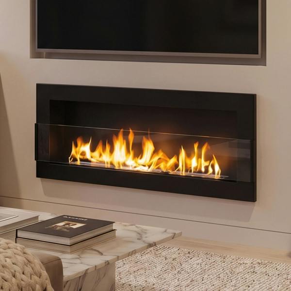 BIOFireplacesGMT Bioethanol Fireplace Wall Mounted 1200x400 Black Matt with Glass Ventless