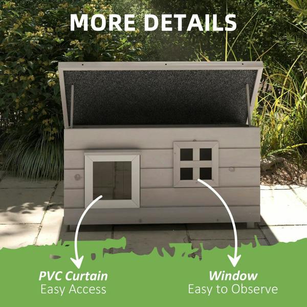 Grey outdoor cat shelter with openable roof and two front window panels