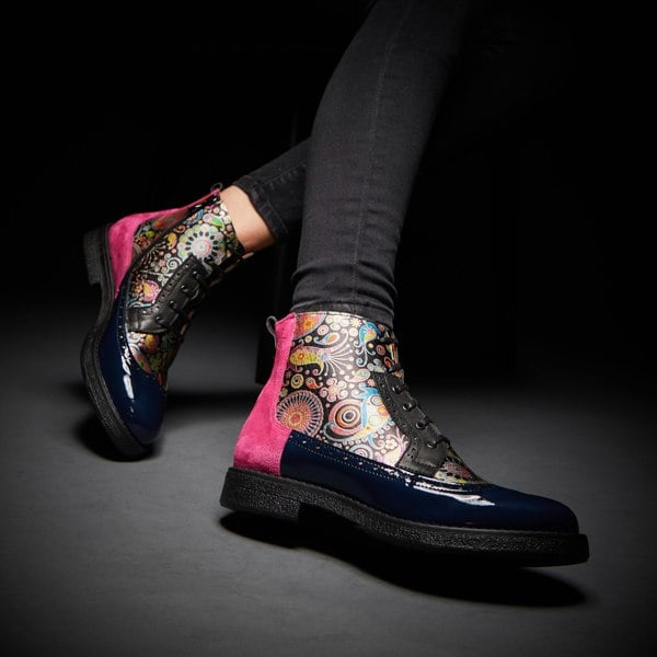 Embassy London Hatter - Navy Pink - Women's higher ankle leather boot with brogue styling