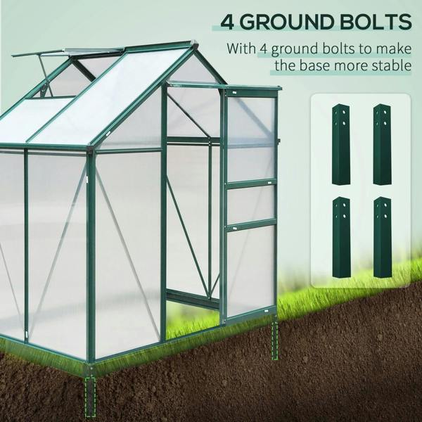 Dark green polycarbonate greenhouse with aluminum frame and base ground bolts