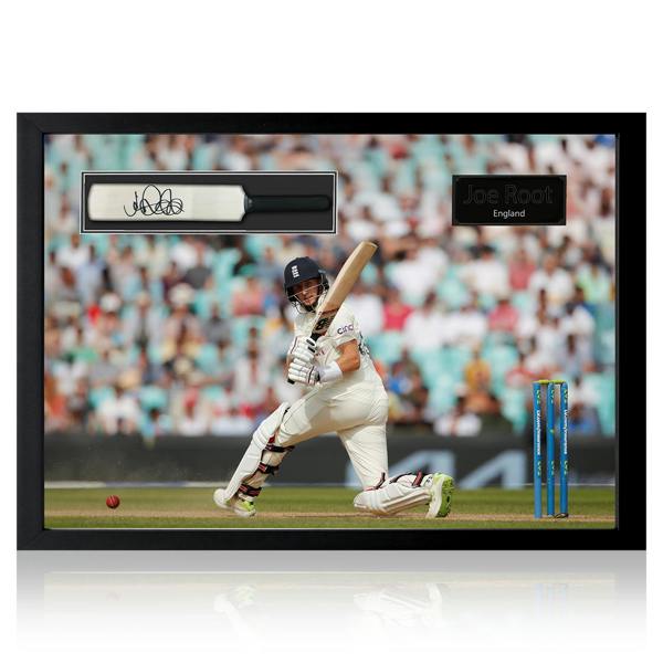 Joe Root Signed Mini Cricket Bat Iconic Frame.