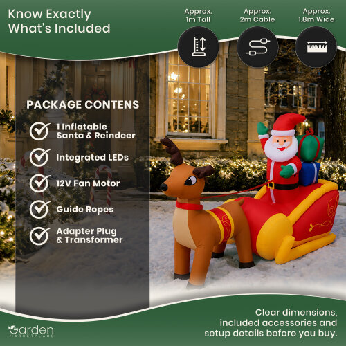 Garden Marketplace 1.8m Inflatable Santa & Reindeer Christmas Decoration with LED Lights Self Inflating Waterproof Outdoor Decor