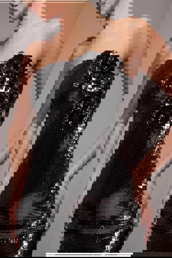 Liquid Sequin Boobtube Midaxi With Corsage - Black DR4126