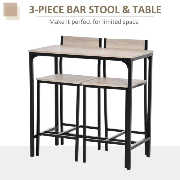 3-piece bar table set: one table and two stools with light wood tops and dark frames