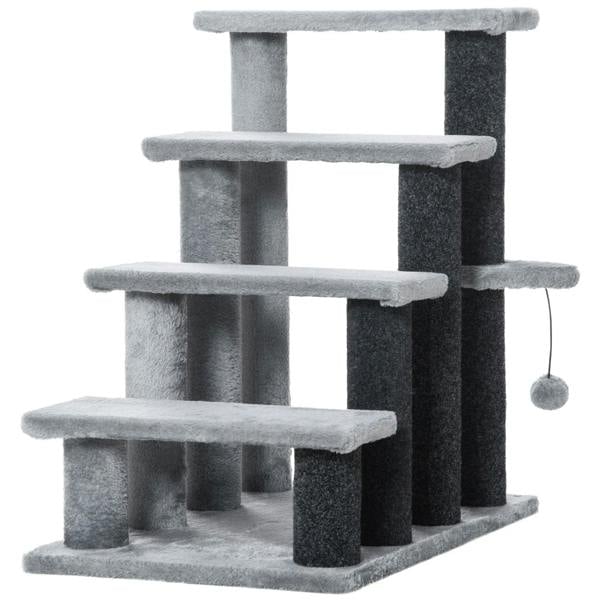 Grey 4-step pet stairs with plush scratching posts, platforms, and hanging ball