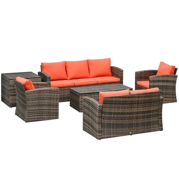 Rattan outdoor sectional sofa set with orange cushions and dark wicker armrests