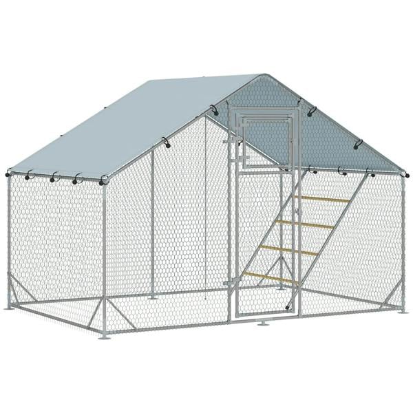Silver metal frame chicken run enclosure with covered roof and walk-in door