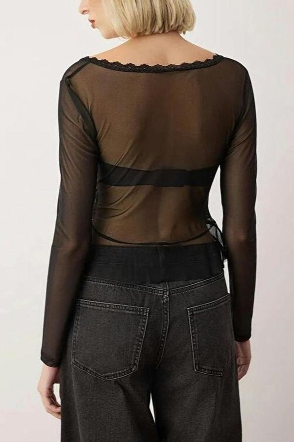 WOVCOR Square Neck Knit Tulle Party Blouse