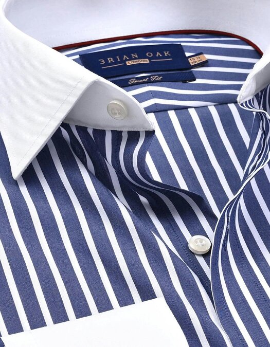Men's Navy Striped Cotton  Contrast Collar Shirt