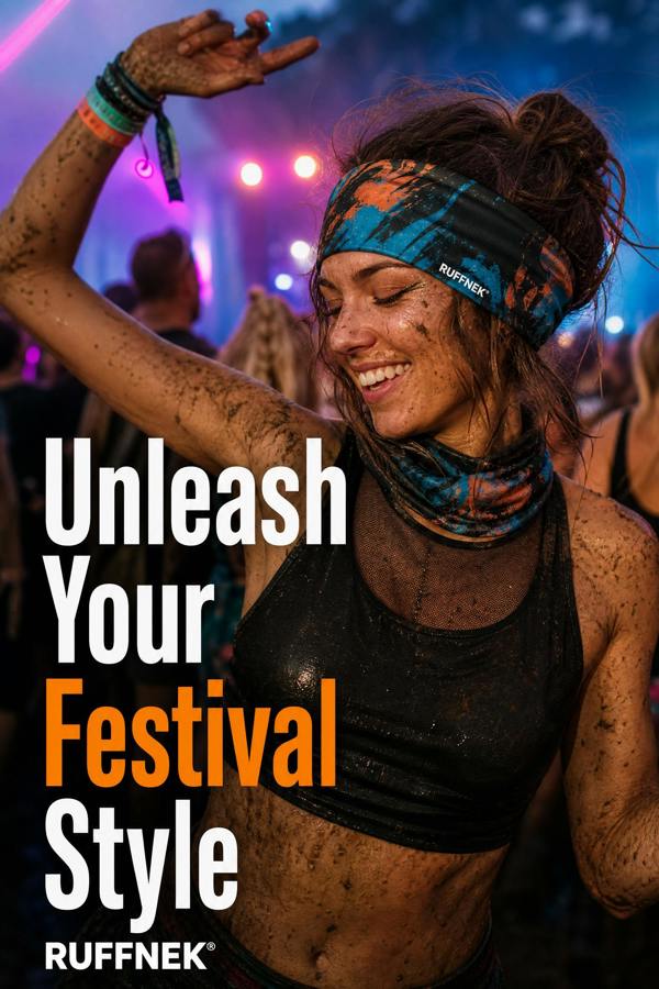 Person at a festival with text 'Unleash Your Festival Style RUFFNEK' on a dark background. The woman is wearing her RUFFNEK snood as a headband and neck gaiter which is orange turquoise and black design. Suited for both men and women.