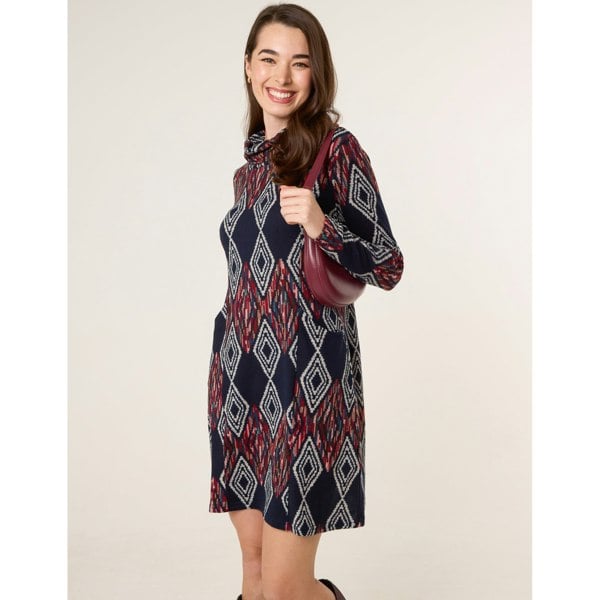 Blue Vanilla Printed Draped Cowl Neck Long Sleeve Dress