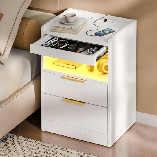 Havendro LED Bedside Table with Hidden Drawer Bedside Cabinet w/ Charging Station