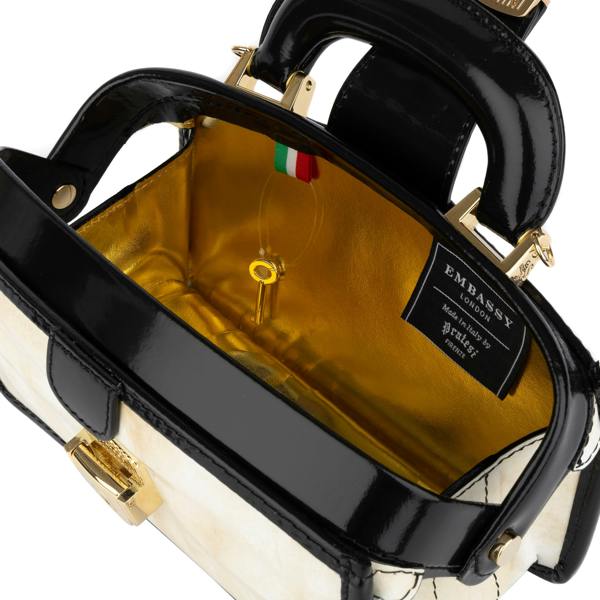 Embassy London Gazelle Mini - White & Black - Women’s mini patent leather top handle & crossbody bag
