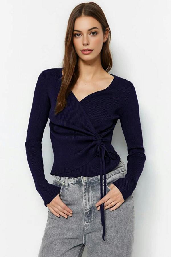 WOVCOR Double-Breasted Knit Sweater with Gathering Detail