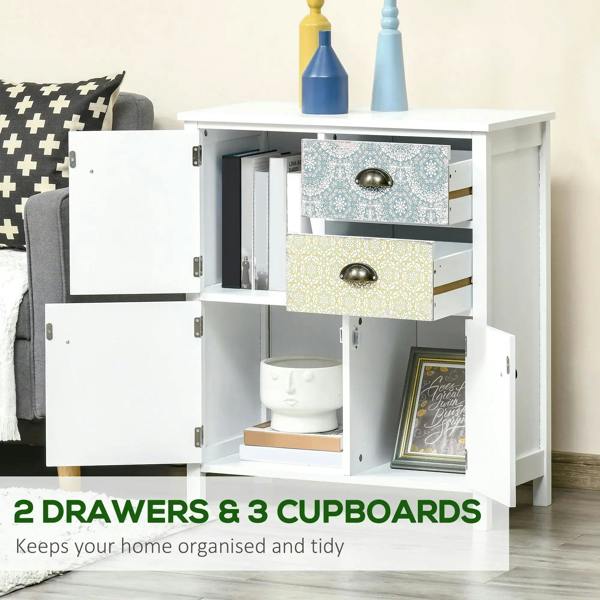White sideboard cabinet with open storage shelves, patterned drawers and bronze knobs