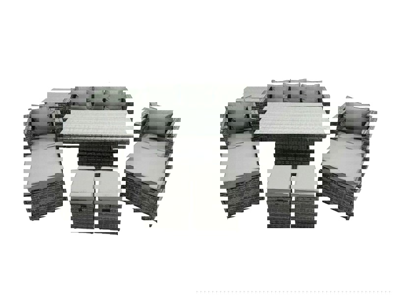 Fimous PE Rattan Garden Furniture Set Lounge Sofa Rising Dining Table Set with Side Table 4 Footstool Dark Grey Mixed