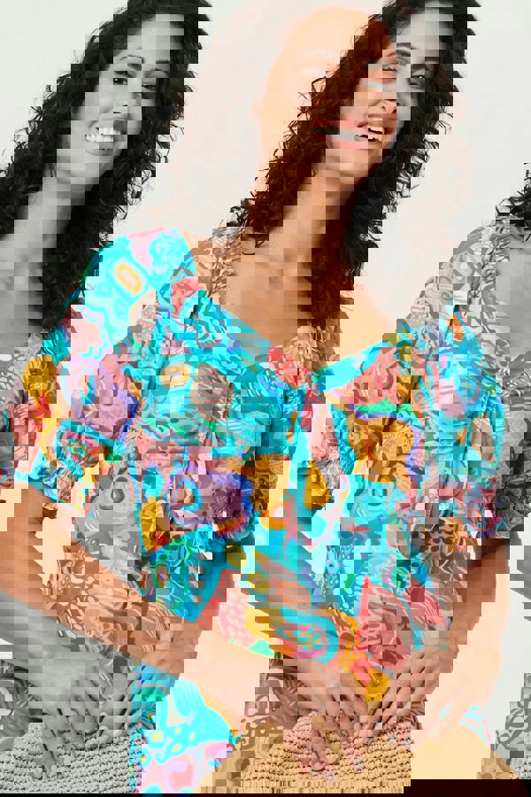 Blue | Abstract Tie Neck Puff Sleeve Midi Dress
