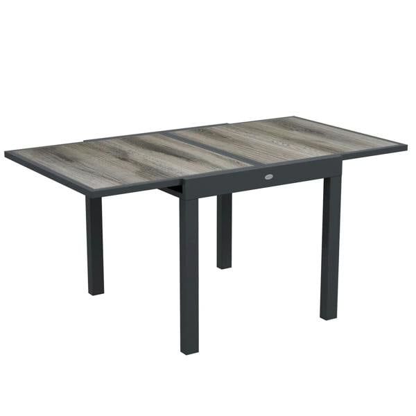 Grey rectangular outdoor dining table with wood-look plastic tabletop and aluminium frame