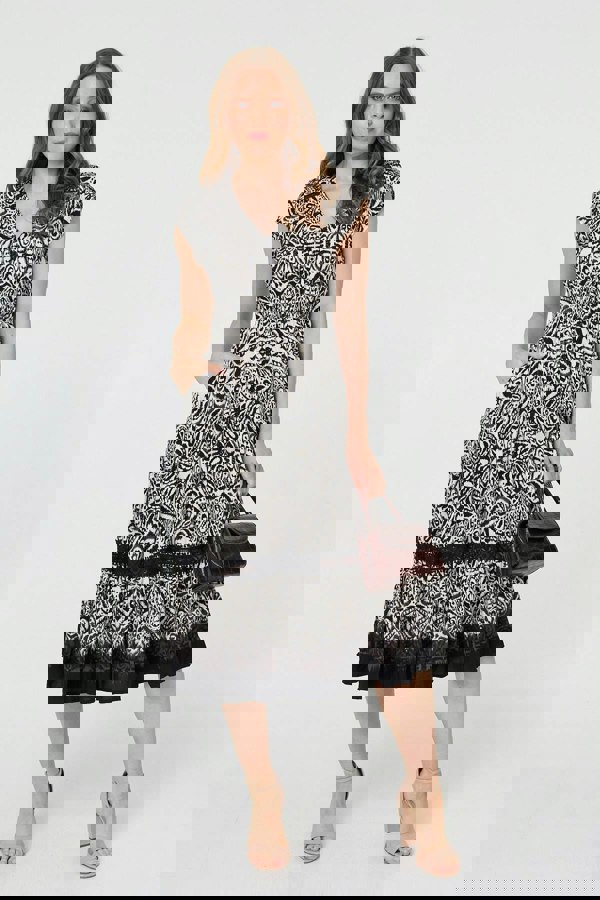 Black | Border Print Shirred Knee Length Dress