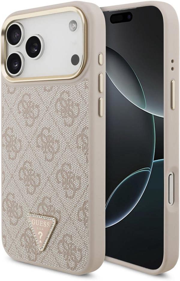 Guess PU Leather 4G Triangle Logo Gold Frame Case with MagSafe for iPhone 17 Pro Max 6.9" Pink - GUHMP17XP4GTDGMP