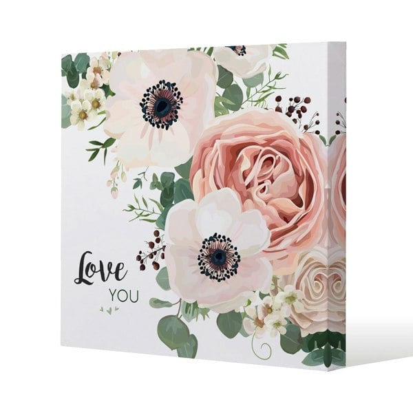 Benjamin Tate Design Garden Flower, Pink Peach Rose, White Anemone Slim Style Canvas Print  40x40cm , 15mm Slim Real wood.