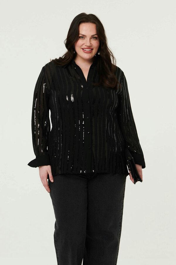 Izabel London Curve Sequin Striped Long Sleeve Shirt