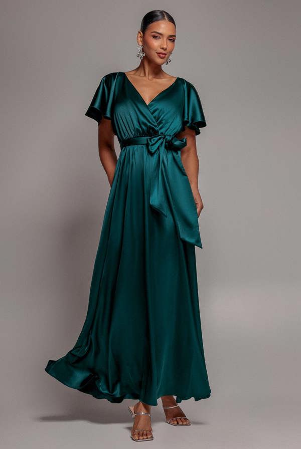 Satin Flutter Sleeve Wrap Maxi Dress - Emerald Green DR3640