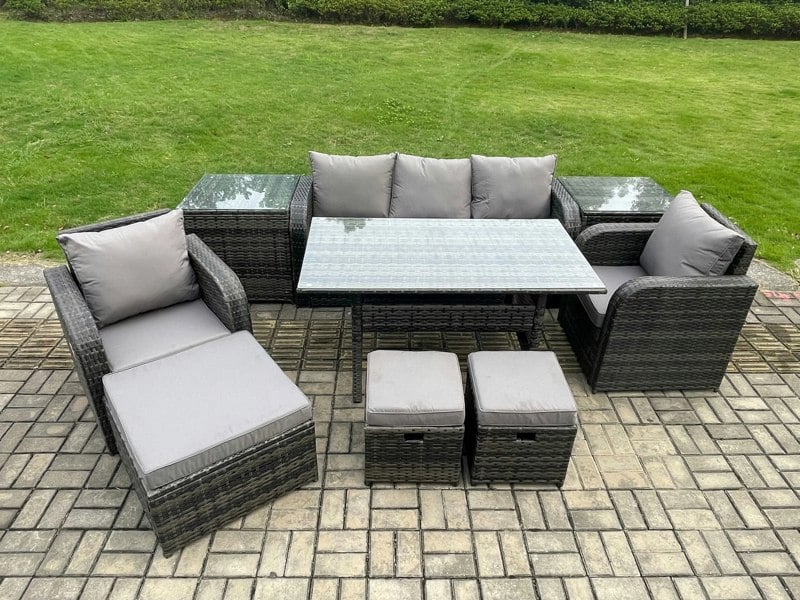 Fimous 9 Pcs Rattan Outdoor Garden Furniture Set Rectangular Dining Table and Chair Sofa Set With 2 Side Tables 3 Footstools Dark Grey Mixed