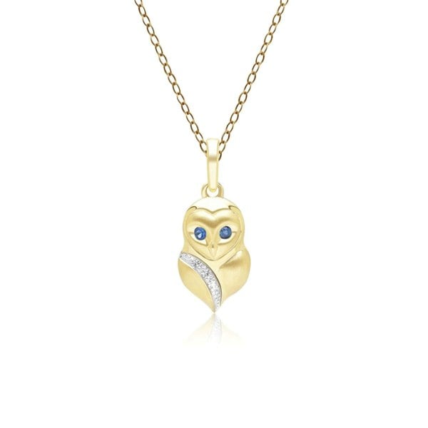 135P2128039 Gardenia Sapphire and White Sapphire Owl Pendant Necklace in 9ct Yellow Gold Front