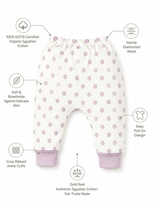 Organic baby harem pants in GOTS-certified organic Egyptian cotton with a lavender polka dot print, showing features including a gentle elasticated waist, cosy ribbed ankle cuffs and an easy pull-on design