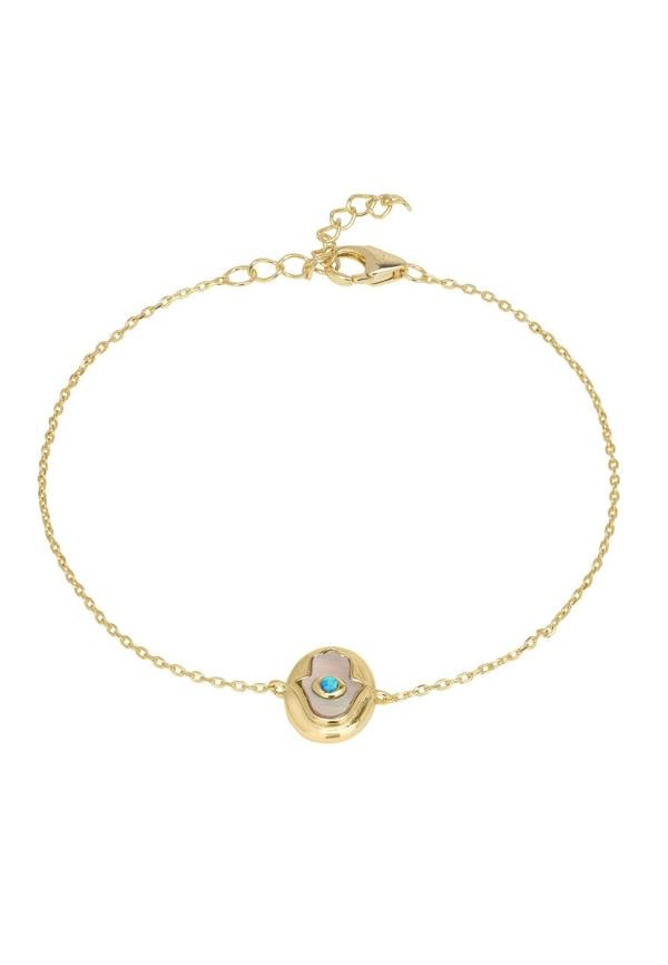 Gold bracelet with a circular charm featuring a blue gemstone on a white background