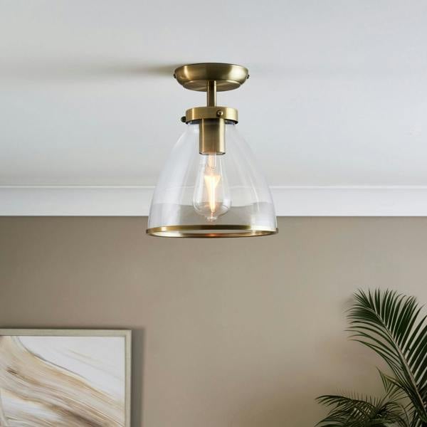 Pagazzi Lighting Brunswick Antique Brass & Glass Flush Ceiling Light