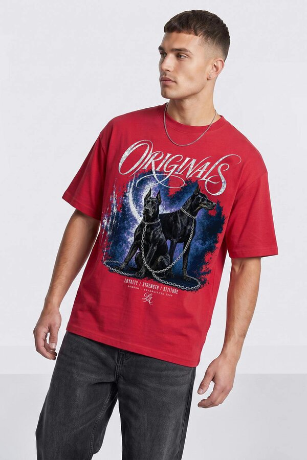 London Attitude Doberman Oversized Heavyweight Graphic T-Shirt - Red