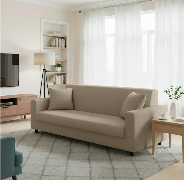 Anyseat 3 Seater Sofa Cover Plain Beige Style and Protection For Living Room Sofa Chair Elastic Stretchable Slipcover