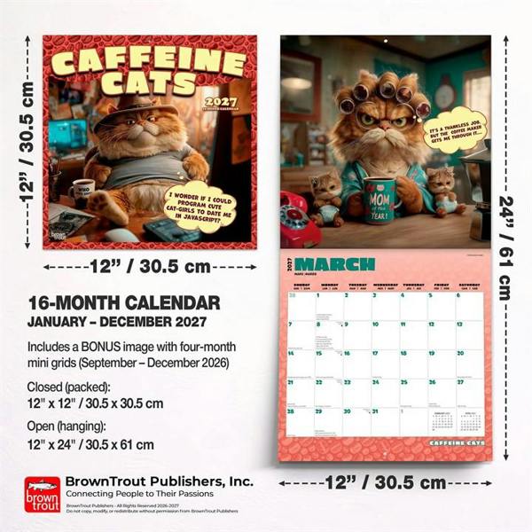 Caffeine Cats Calendar 2027, Wall Calendars, Month To View, Cats, Gift
