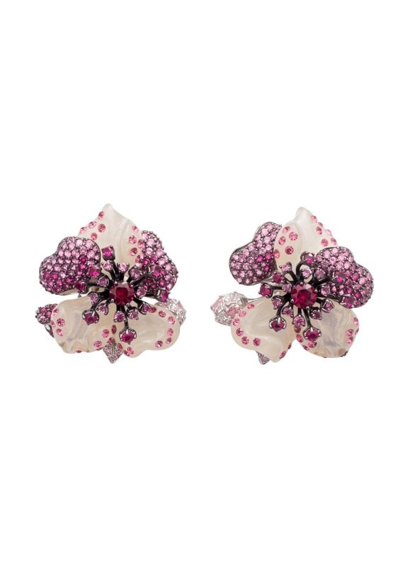 Latelita White Jade Ruby Rose Flower Stud Earrings Silver