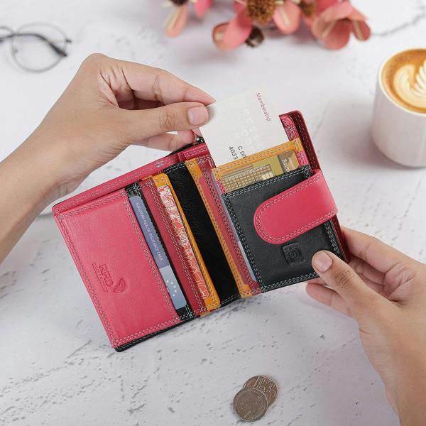 Inside view of Soft black Leather Colourful Purse – Camellia London  with card slots and notes