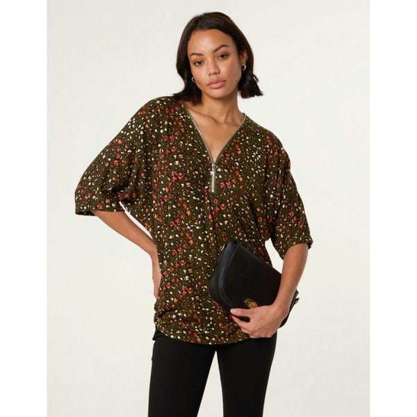 Blue Vanilla Printed Zip Front Top