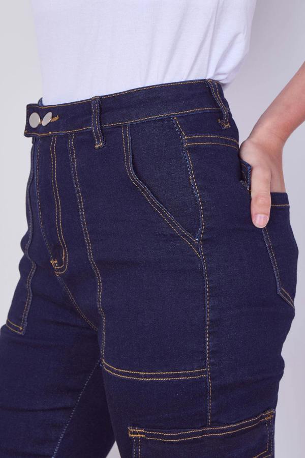 High Waist Cargo Skinny Jeans – Dark Indigo | 6 Pocket Stretch Denim