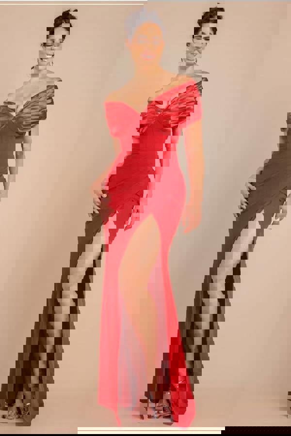 Satin & Scuba Off The Shoulder Maxi Dress - Red DR3460QZ