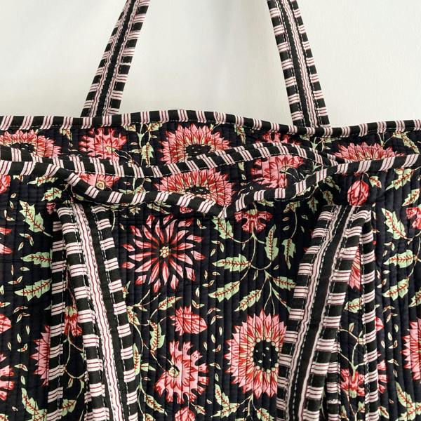 Hayley & Co Black and Pink Flower Quilted Cotton Shoulder Bag
