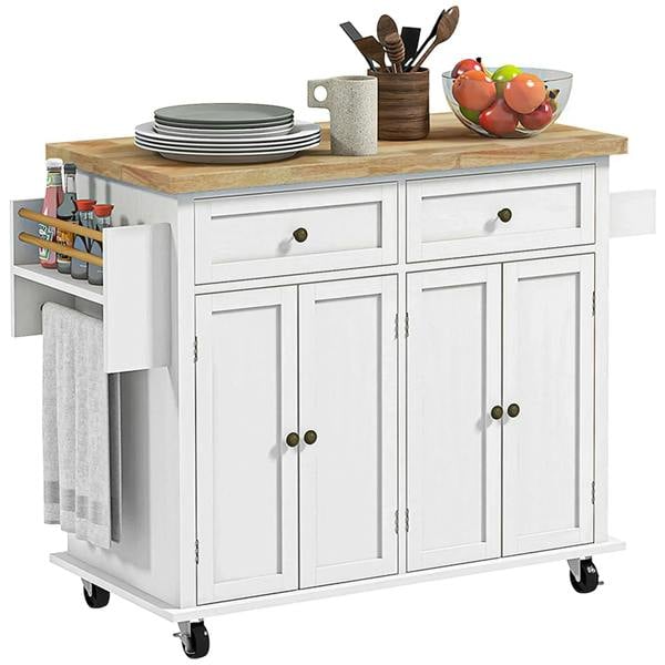 White kitchen storage trolley with rubber wood top, drawers, and cabinet doors on wheels