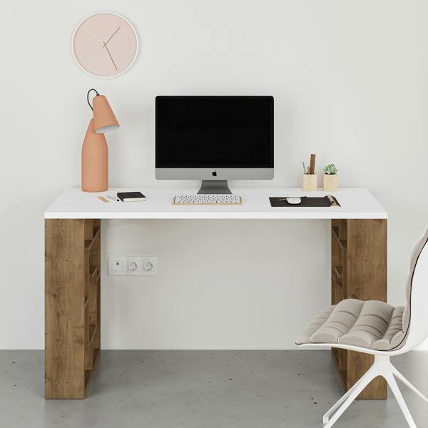 Decortie Labirent Modern Desk with Bookshelf Legs White Anthracite Grey 137cm