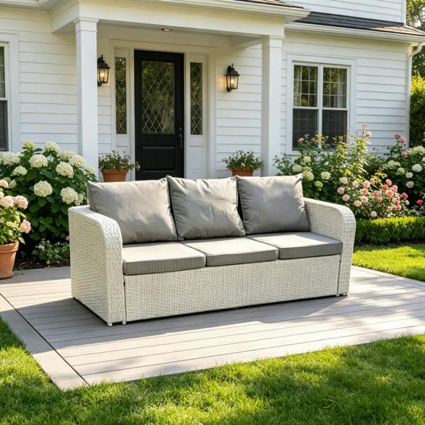 Fimous High Back 3 Seater Rattan Sofa Light Grey Mixed Outdoor Furniture with Thick Removable Cushion