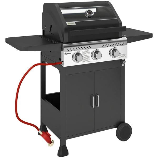 Black three-burner gas BBQ grill with see-through lid, front knobs, side shelf, wheels