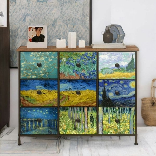 Rafaelo Mobilia 9 Fabric Drawer Bedroom Dresser With Abstract Patterns Storage Organiser Rustic Brown