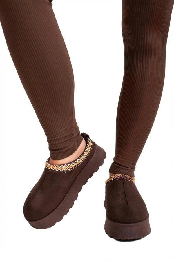 Jolene Aztec Detail Low Ankle Platform Slipper Boots - Chestnut_wb
